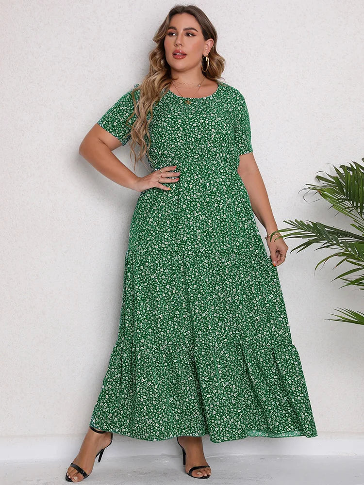Gacy Plus Size O-Neck Ditsy Floral Ruffle Hem Dress Women Summer Short-sleeved Vacation Bohemian Beach Maxy Long Dresses