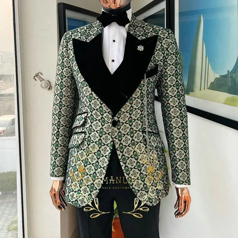 Visco Handsome Blue Gold Floral Rim Stage Men Suit Set Stand Collar Men's Suits (Jacket+pants+vest)