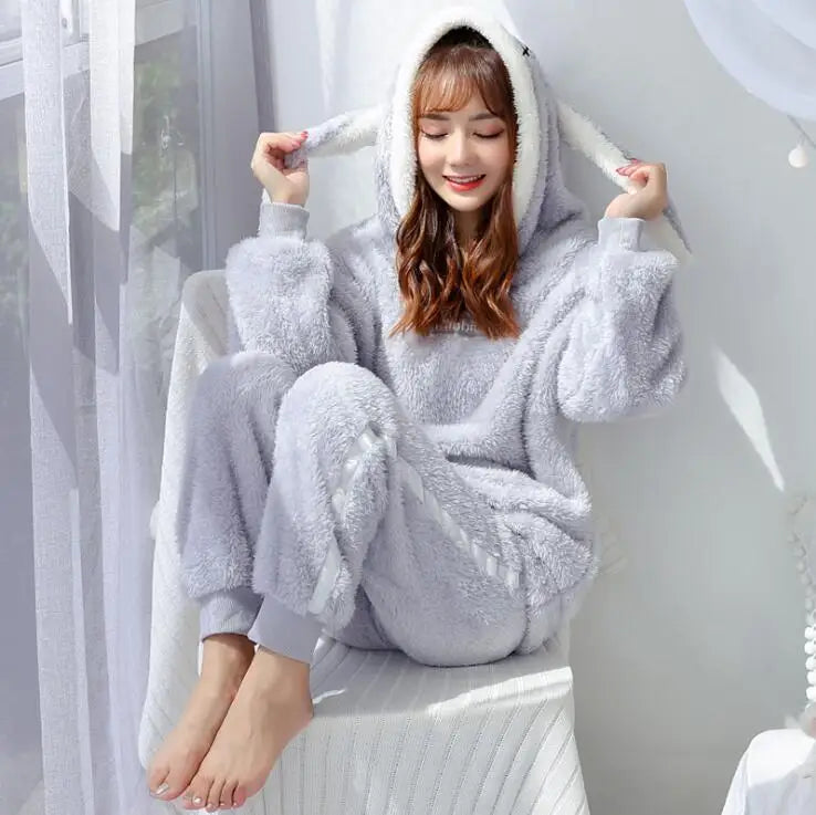 Winter Thick Warm Flannel Pajamas Sets For Women Sleepwear Pajama Homewear Pyjamas Set Cartoon Cute Warm Hooded Rabbit Gowns