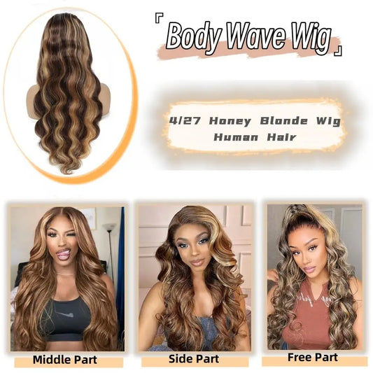 Maxy Highlight Wig Human Hair Body Wave Lace Frontal Wigs Colored 13x4 Lace Frontal Wig P4/27 Ombre Honey Blond Lace Front Human Hair