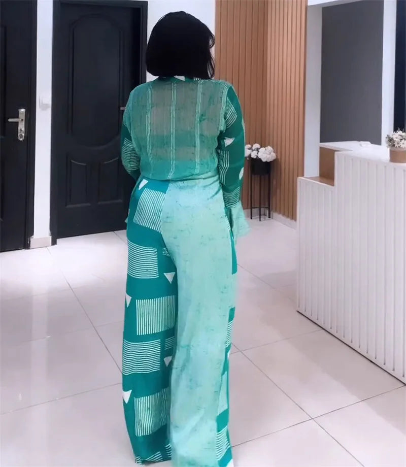 Maxy Flare Sleeve Two 2 Piece Pants Sets Women Vacation Outfits African Clothes for Woman Summer Kebaya Ankara Suit Plus Size