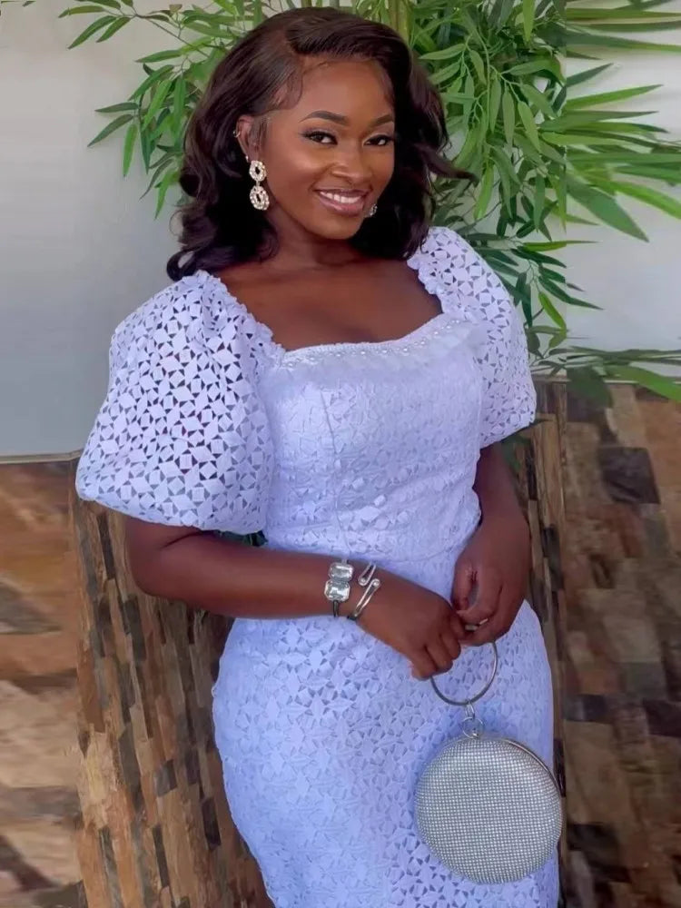 Amay Dresses for Women Puff Sleeve Plus Size Turkey Sequin Evening Lace Wedding Party Long Dress