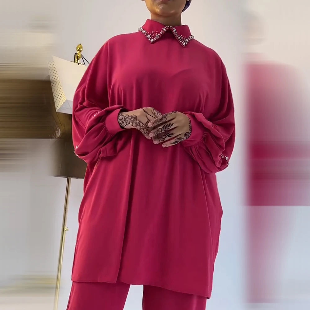 Maxy African Women's Spring Summer Long Sleeved Shirt collar Loose Top High Waist Long Pants Hot Diamond Casual Two 2 Pieces Set 2025