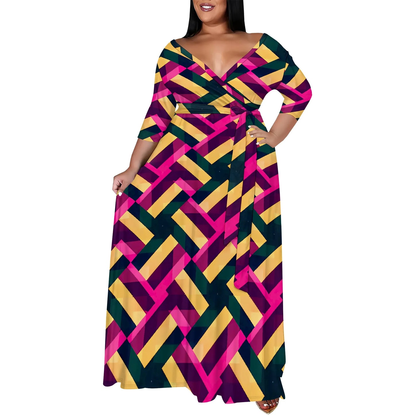 Amay Plus Size Boho Wrap Maxy Dress Orange Blue Geometric Print V Neck Half Sleeve Casual Look