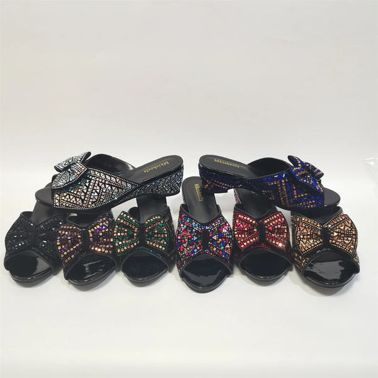 Amay Women's Slipper New Rhinestone Sandals High Heel 6cm  Fashion Bow with Rhinestone Platform Casual Ladies Slippers F4-1113-2