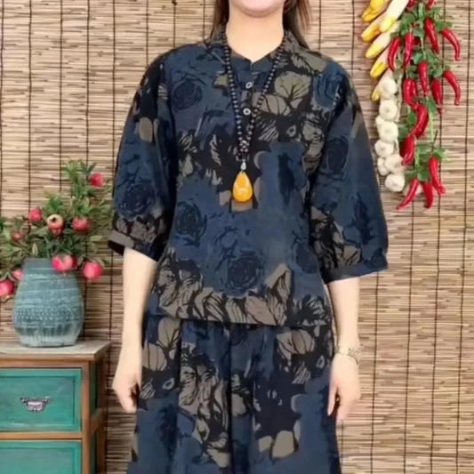 Maxy Summer Mother Sets Cotton And Linen New Loose And Thin Printed Casual Suits Retro Harem Pants Two-Piece Set Short Sleeve T-Shirt