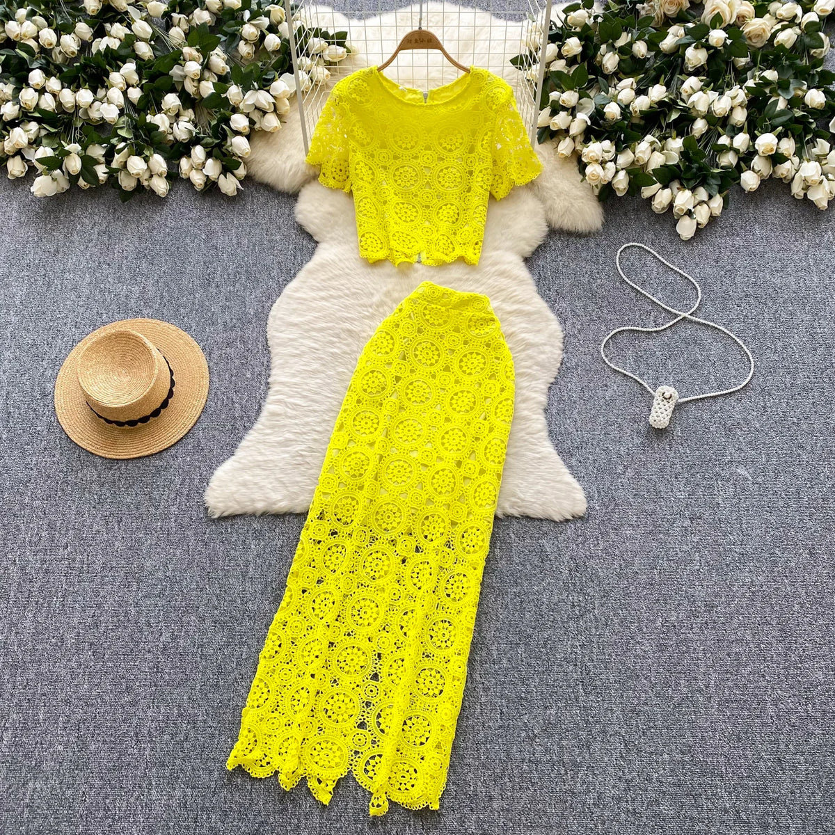 Maxy Sexy Chic Hook flower hollow lace Elegant Korean Fashion Slim Summer vintage Beach dress women clothing