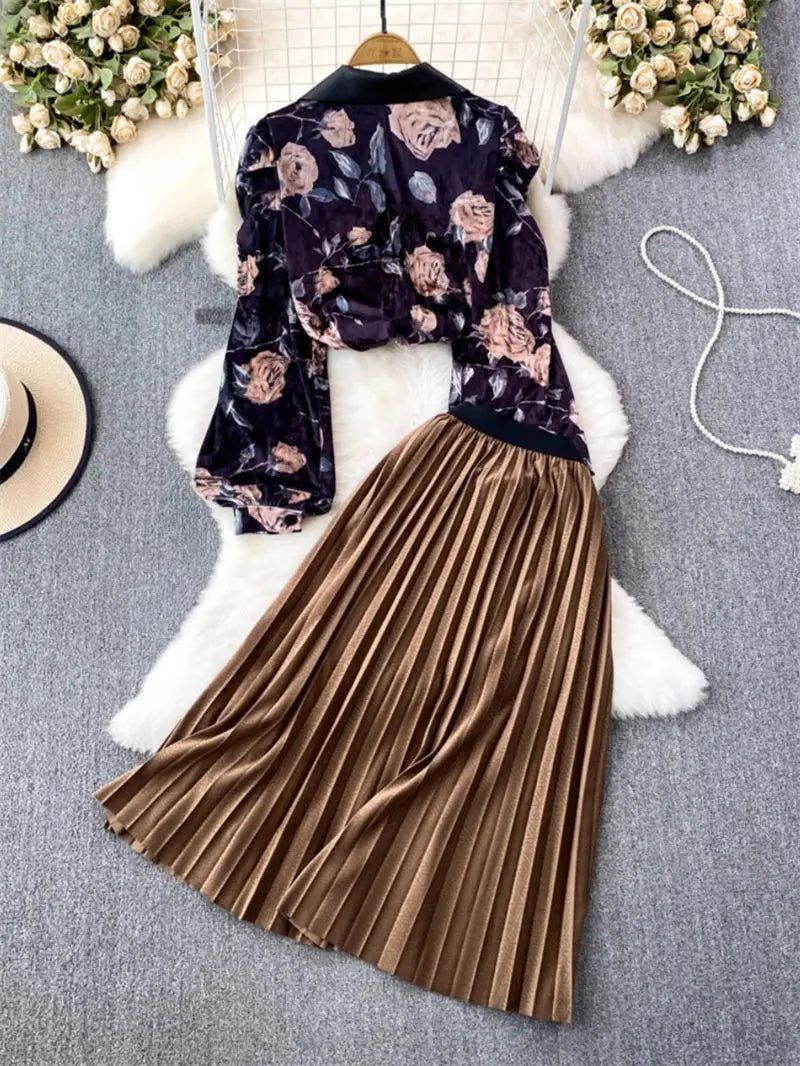 Maxy Fashion Set Women Celebrity Temperament Suit Collar Loose Gold Velvet Shirt 2 Piece High Waist Pleated Skirt Autumn Outfit Z3530