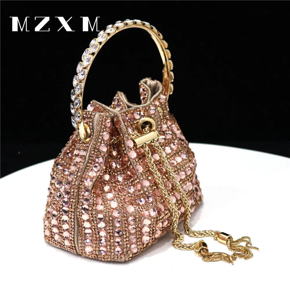 Maxy New Rhinestones Women Evening Bags Bucket Design Party Day Clutch Soft Mixed Color Shoulder Chain Handbags Purse
