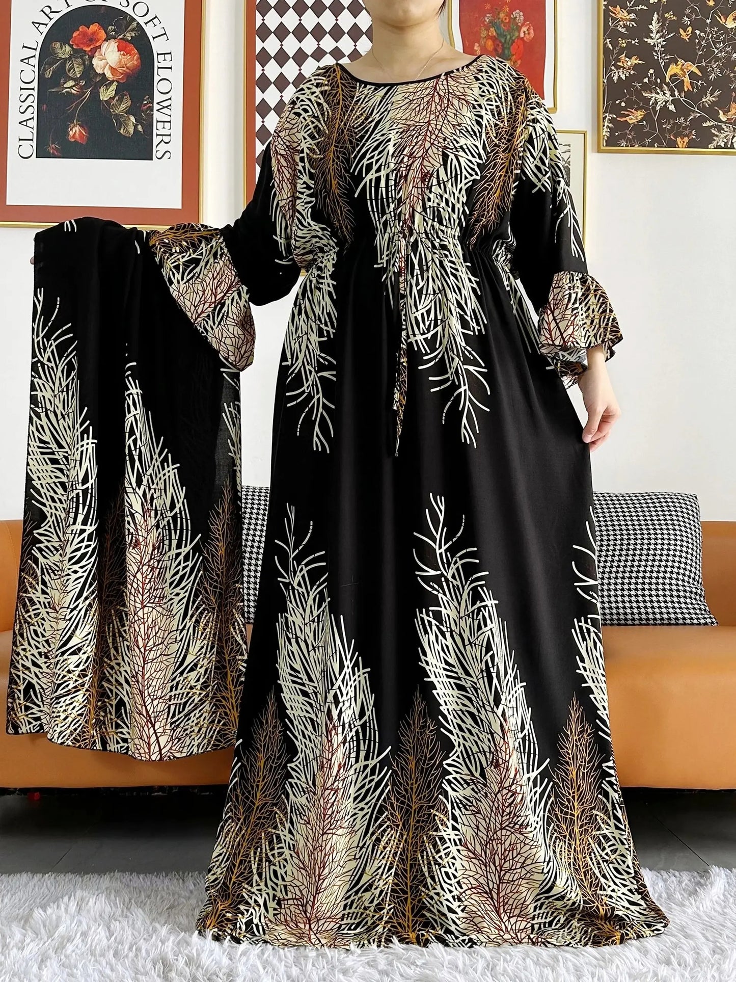 Maxy New Women Long Sleeve Dashiki Dress African Woman Print Turban Kaftan Abaya Ramadan Eid Muslim Hijab Dresses Femme Arabia dress