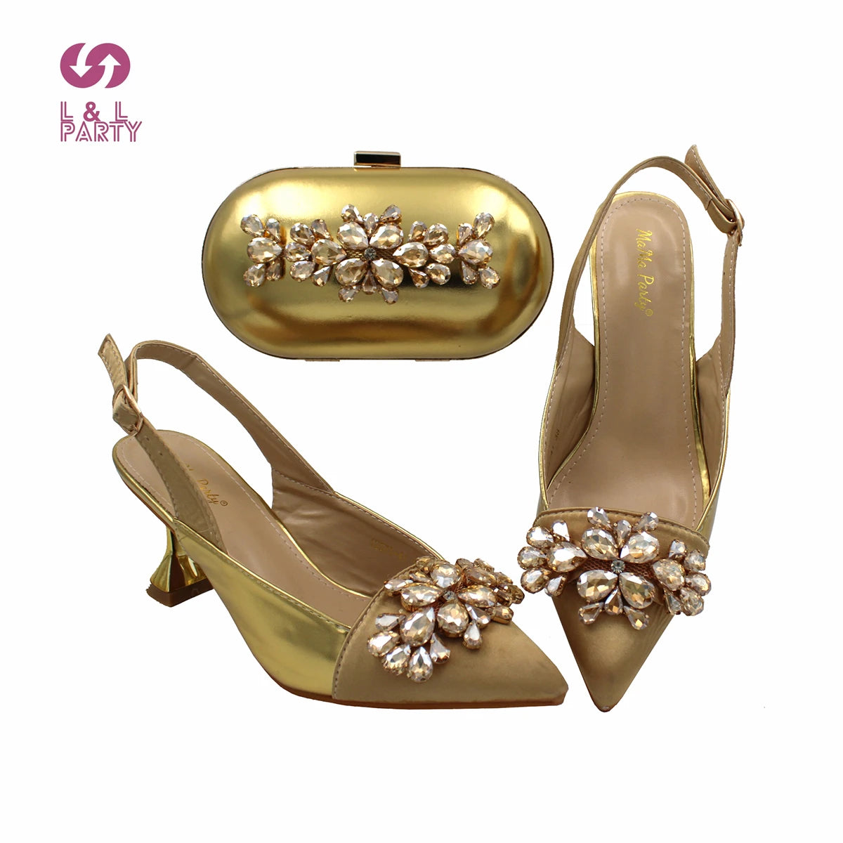 Maxy New Style Gold Color for Wedding Shoes and Bag Set Italian Women Pointed Toe Spike Heels Sandals Matching Clutch for Party