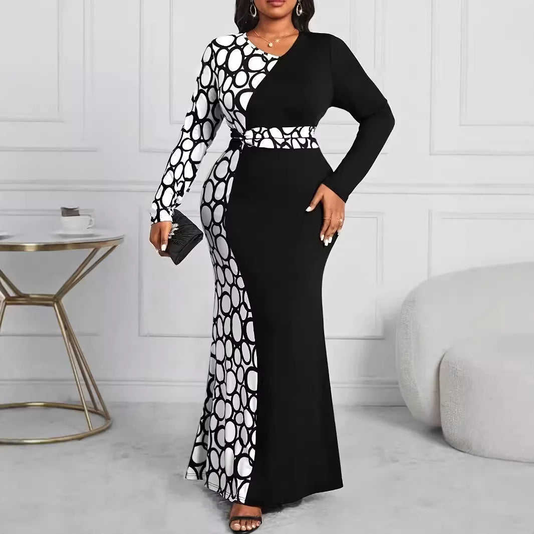 Maxy Plus Size Contrast Color Women Dress O Neck Front Twist Female Long Sleeves Elegant Dresses Bodycon Clothing Evening Party Gowns