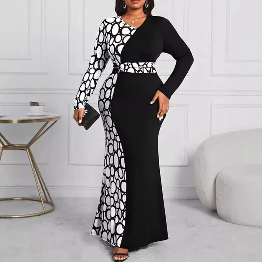 Maxy Plus Size Contrast Color Women Dress O Neck Front Twist Female Long Sleeves Elegant Dresses Bodycon Clothing Evening Party Gowns