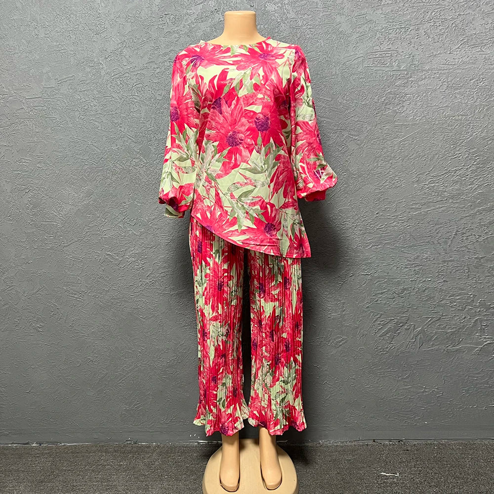 Maxy Women Elegant Printed Two Piece Matching Sets Fashion Long Sleeves Dashiki Tops And Wide Leg Pants Suits African Female Outfits