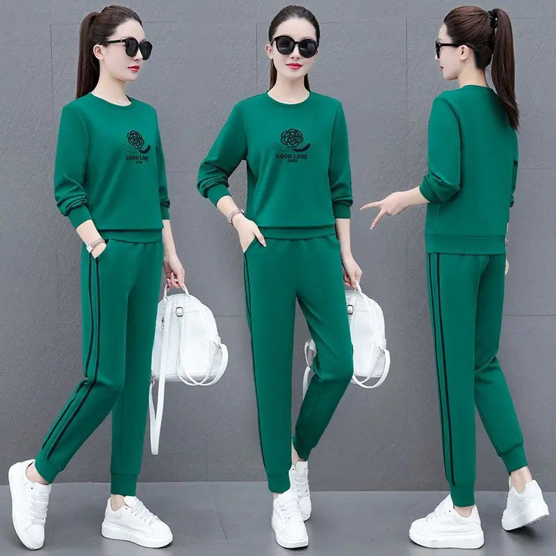 Zay Women's Round Necked Sports Suit Spring And Autumn New Fashion Korean Long Sleeve Crop Top And Pants 2 Two Piece Set For Women