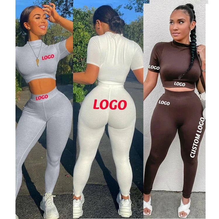 Maxy Custom Women Clothing ladies' suit Two Piece Fitted Pants and crop Set Short Sleeve Skinny Crop Top Jogger Sweatpants Set Women