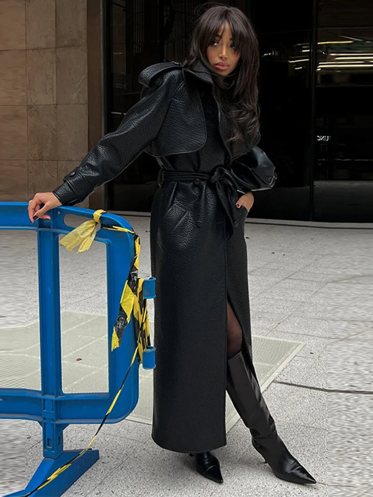Maxy Retro PU Leather Long Jackets With Belt Women Casual Solid Single Breasted Jacket Female Spring Autumn High Street Outwears