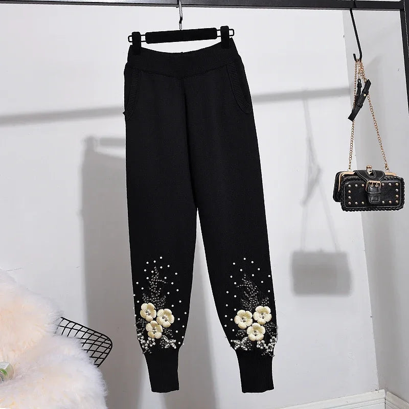 Maxy Autumn New Tracksuit Women Beading Flower Knitted Sweater + Pencil Pants Two Piece Set Female Casual Pullover Tops Trousers Suit