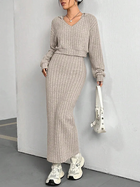 Maxy Women's New Fashion Suit Fall Winter Hooded Shawl Long-sleeve Sweatshirt Vest Short Skirt Slim Two-piece Set Suit Women Clothing