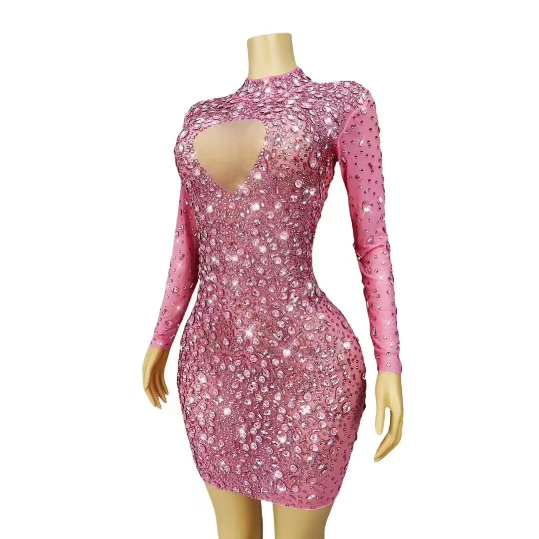 Maxy Lady Crystals Diamond Wedding Dress Long Sleeve Elegant Pink Party Show Dress Women Luxury Birthday Club Diamond Evening Dress