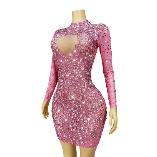 Maxy Lady Crystals Diamond Wedding Dress Long Sleeve Elegant Pink Party Show Dress Women Luxury Birthday Club Diamond Evening Dress