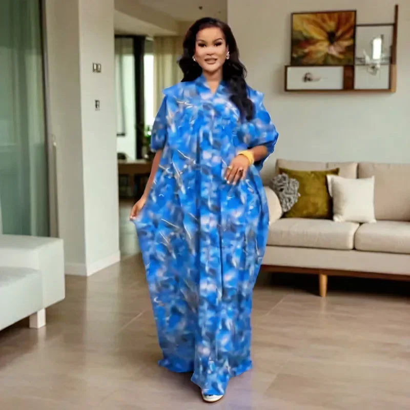 Amay African Dresses For Women Dashiki Dubai Abaya Plus Size Africa Clothing Print Short Sleeve Maxy Dress Turkey Muslim Robe