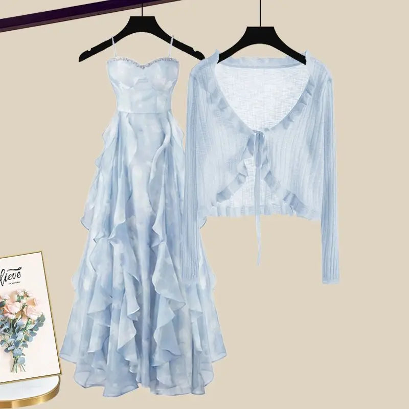 Maxy Summer Sun Protection Ice Silk Chiffon Shirt Ruffle Suspender Dress Two-piece Set Elegant Women's Dress Set Party Dress