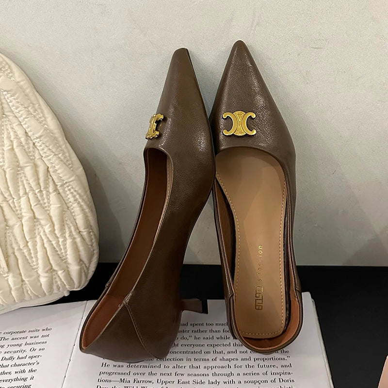 Maxy Female Luxury Low Heel Footwear Shallow Pumps Shoes for Women Summer Designer Brand Pointed Toe Metal Heeled Sandals Slides