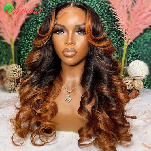 Amay Ombre Ginger Brown Colored 13x6 HD Transparent Lace Frontal Wig Wave Pre-Plucked 12A Grade Lace Closure Human Hair Wig For Women