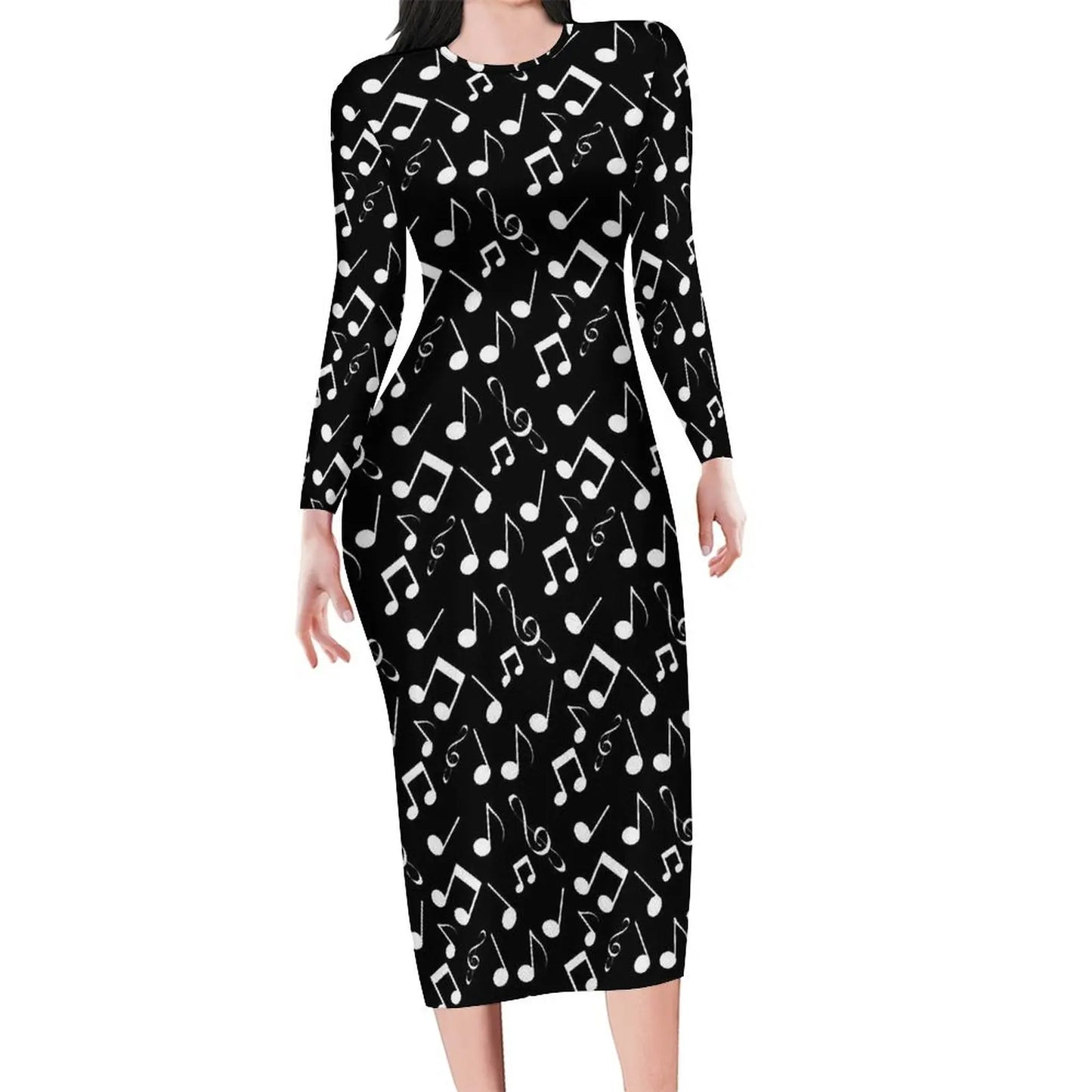 Amay Rainbow Music Notes Dress Long Sleeve Retro Print Kawaii Dresses Autumn Ladies Aesthetic Custom Bodycon Dress 3XL 4XL 5XL