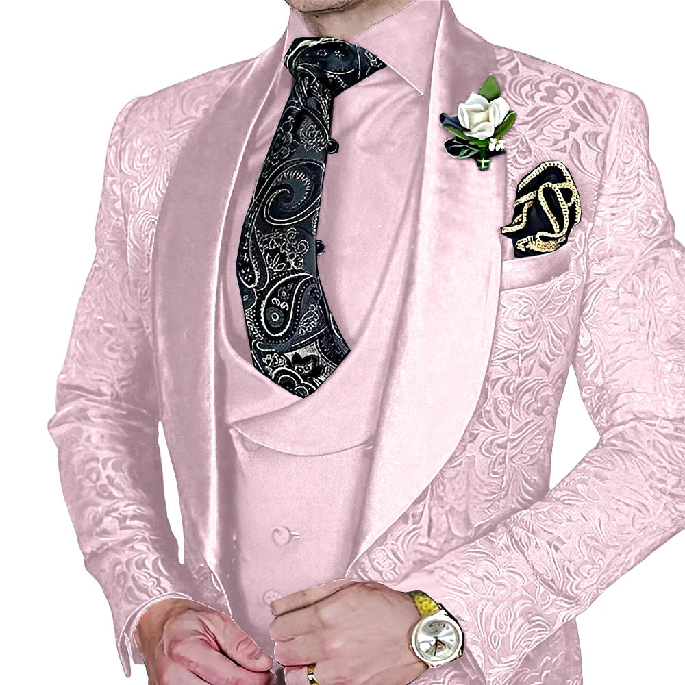 Amay Fashionable Paisley Men's 3-piece Suit Set, Jacquard One Button Blazer, Vest Pants Formal Wedding Party Suits for Men