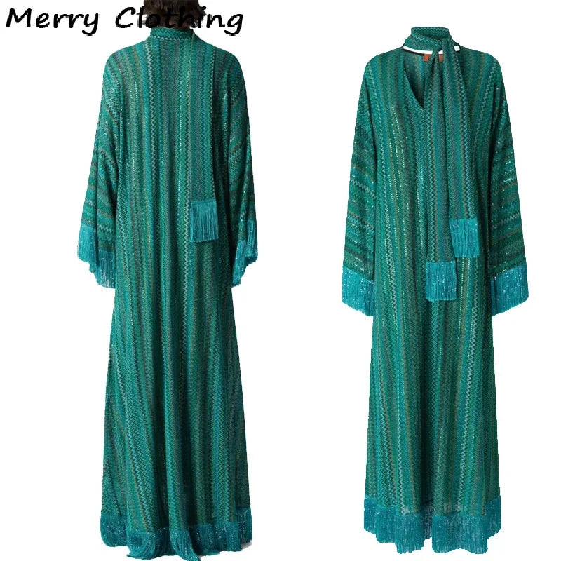 Maxy Elegant Tassel Hem Dress Women V-neck Long Sleeve with Scarf Loose Dresses 2026 NEW Spring Luxury Lady Party Evening Gowns