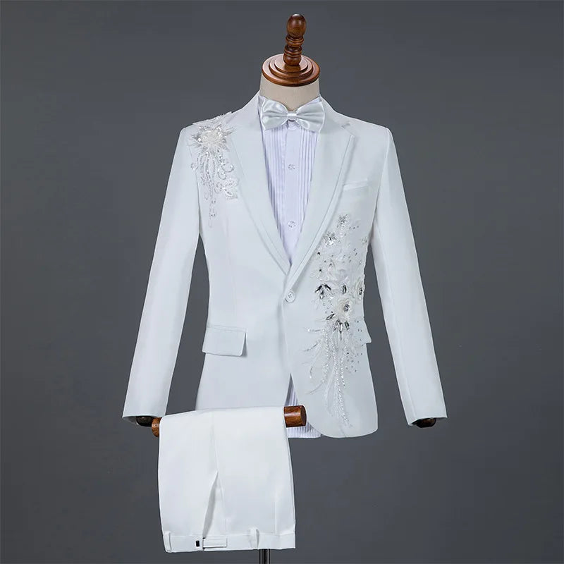 Amay Royal Blue Sequin Embroidery Suit Men Wedding Groom Tuxedo Suits Pants Mens One Button Peak Lapel Stage Costume Traje Hombre 2XL