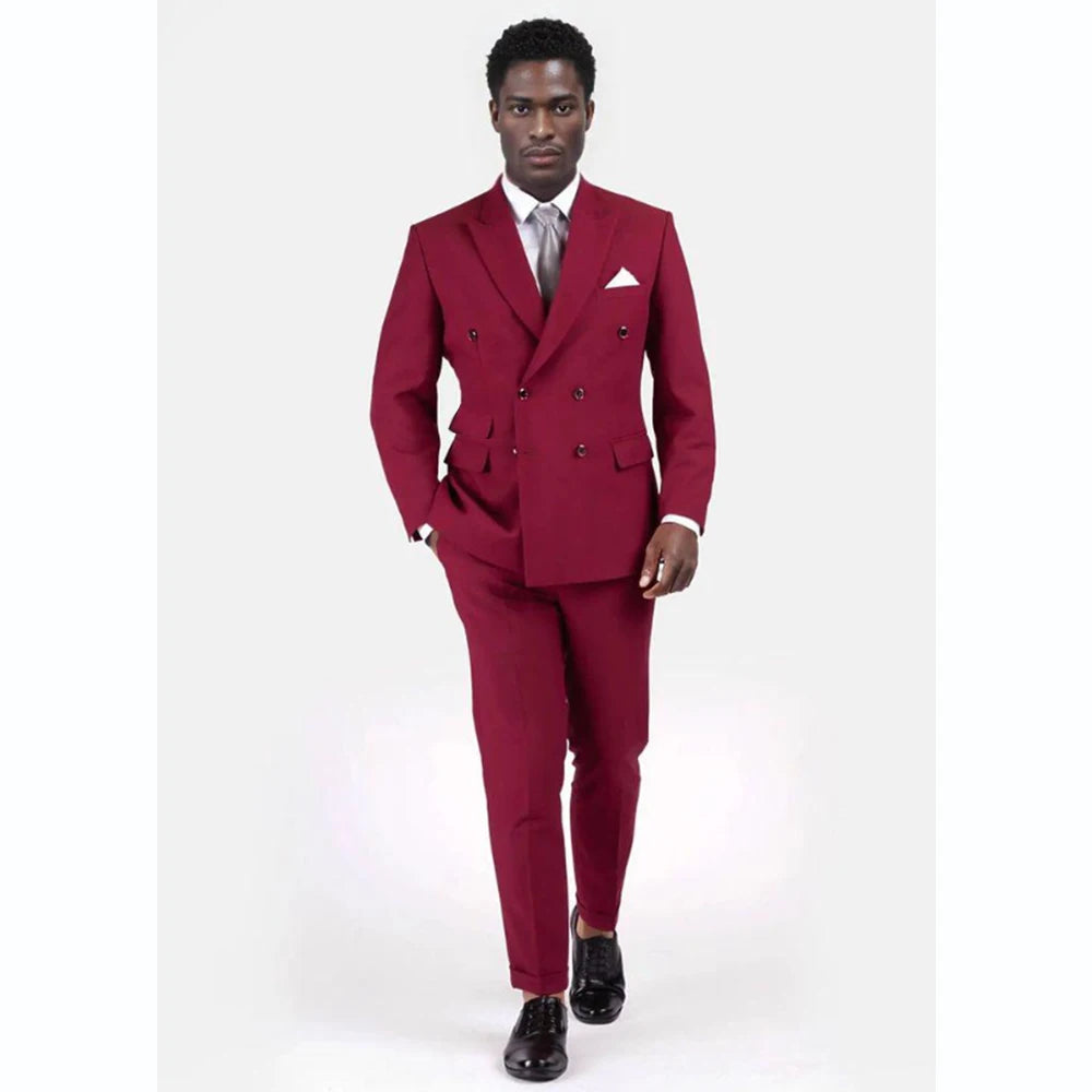 Maxy Luxury Red Wedding 2 Piece Jacket Pants Male Clothing Double Breasted Flat Front Men Suits Formal Prom Party Bespoke Outerwear