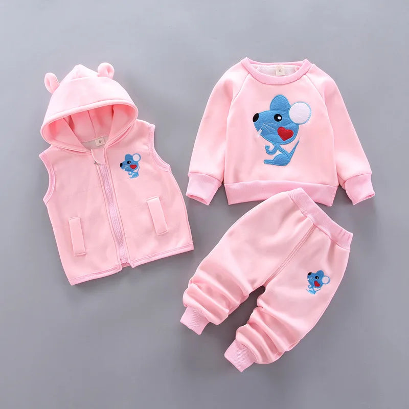 Babs Boy Clothing Set Autumn and Winter Velvet Thick Warm Casual Hooded Sweater Cartoon Cute Bear 3Pcs Toddler Girl Clothes Suit