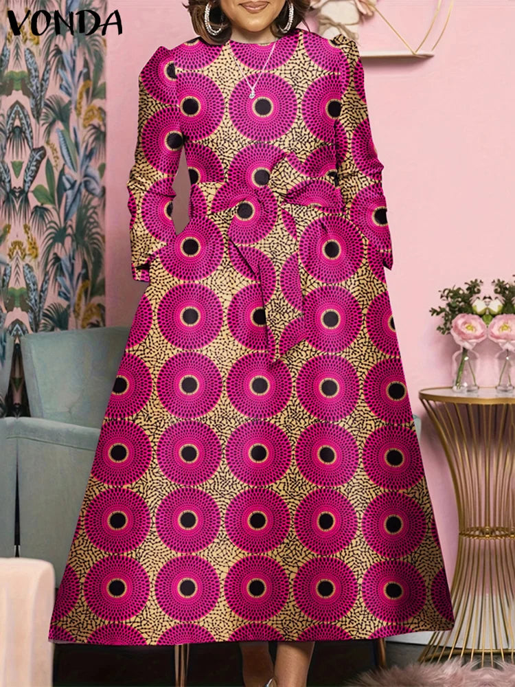 Maxy Plus Size 5XL VONDA Bohemian Maxy Long Dress Women Printed Sundress Fashion Long Sleeve Vestidos Casual Loose Robe