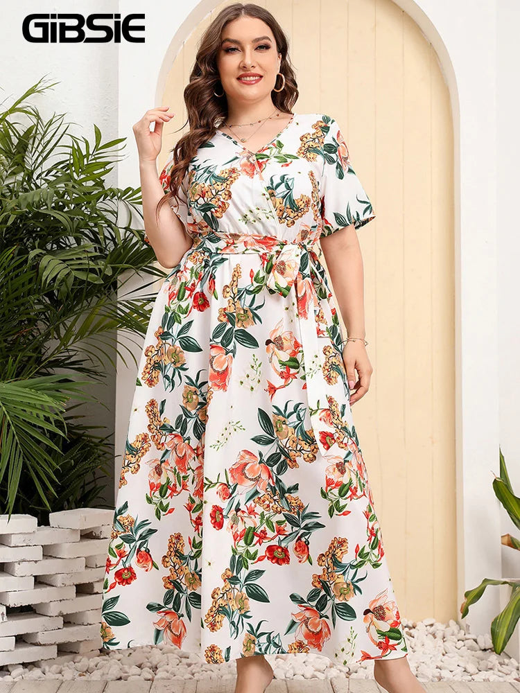 Gacy Plus Size V Neck Floral Print Boho Dress Women Summer Short Sleeve Maxy Dresses Holiday A-line Female Belted Dress