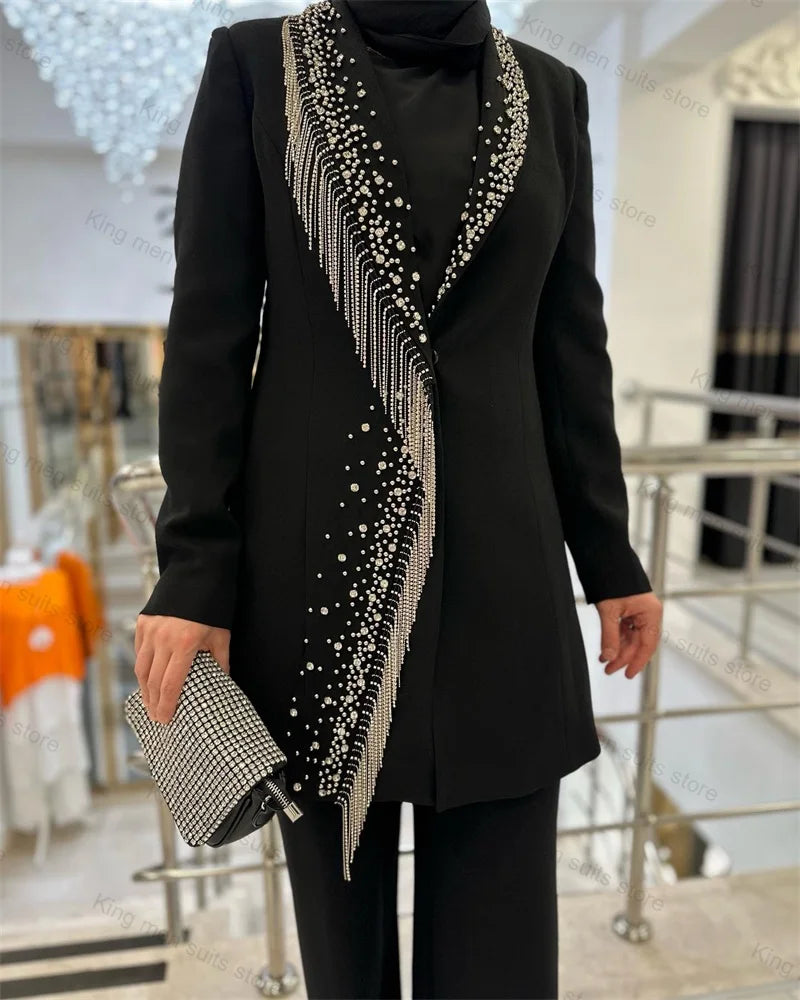 Maxy Luxury Crystal Black Women Suit Pants Set 2-Pieces Blazer+Trousers Beading Coat Formal Office Lady Jacket Tailored