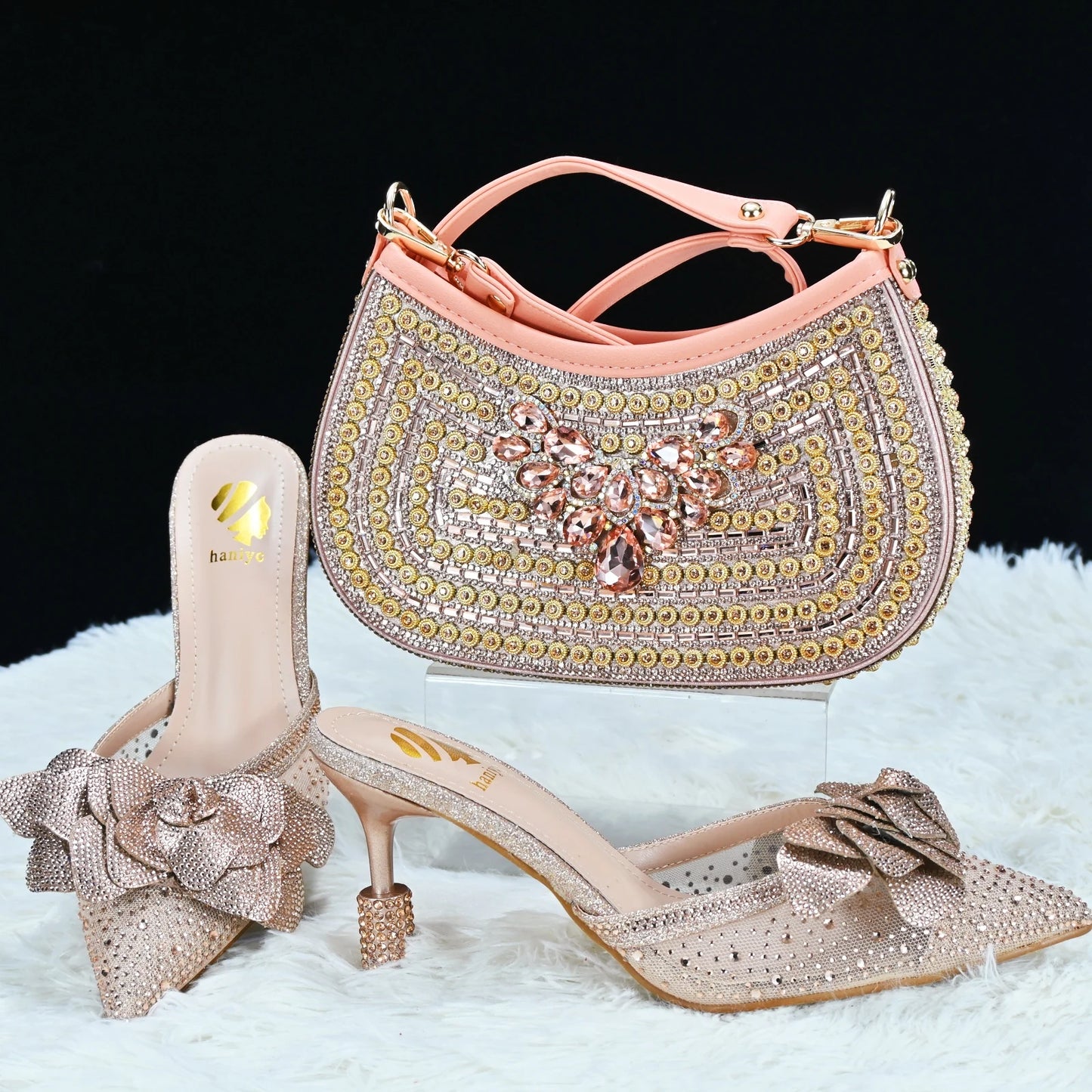 Momsey  New Arrival African Wedding Shoes and Bag Set peach Color Shoes with Matching Bags Ladies party shoes