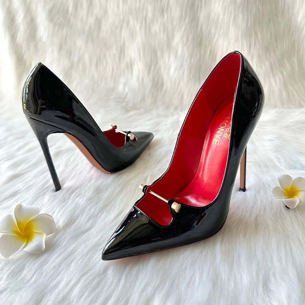 Amay Free Shipping Black White Red Patent Leather Shallow Metal Hollow Out Open Toed Women Lady Hot Sale 120mm High Heel Shoes Pump
