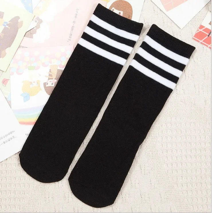 Maxy Kids Knee High Socks Girls Boys Football Stripes Cotton Sports School White Socks Skate Children Baby Long Tube Leg Warm