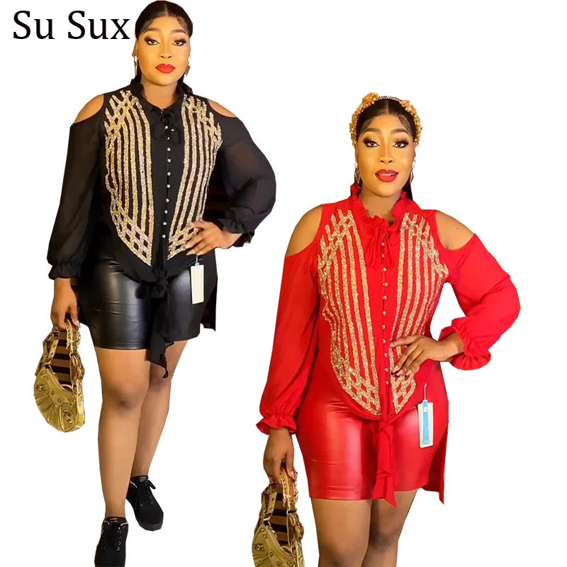 Amay Women's Summer Suit Casual Short Pant Sets Sequins Off Shoulder Blouse Shirt and Slim Pant Outfits Spring Summer