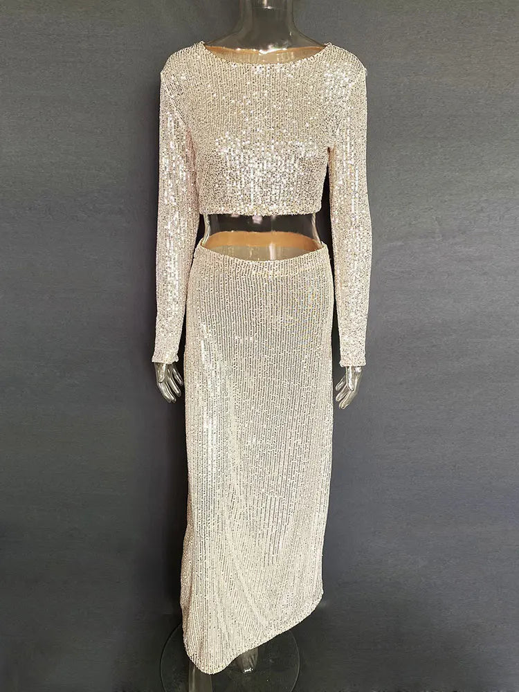 Maxy Autumn Sequin Dress Suit Sexy Club Party Women Crop Top+Long Skirt Elegant Two Piece Matching Set