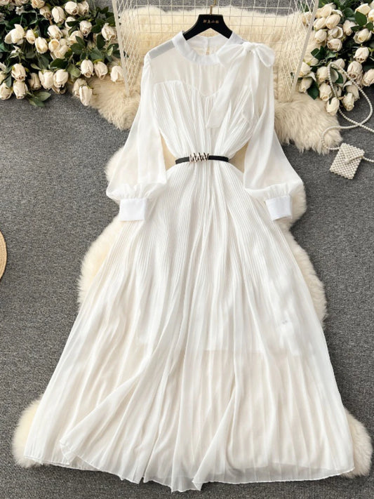 Women Elegant Pleated Long Dress Spring Autumn Sweet Bow Chiffon Dresses Ladies Vintage Bubble Sleeves Casual Long Robe Vestidos