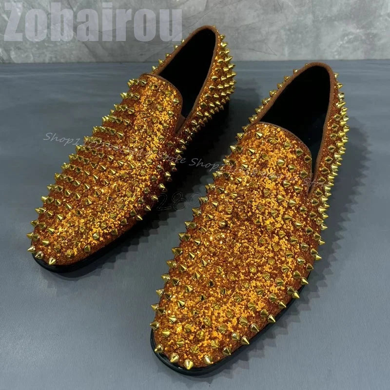 Maxy Gold Glitter Spikes Decor Low Top Loafers Fashion Slip On Men Shoes Luxury Handmade Party Banquet Office Dating Men Dress Shoes