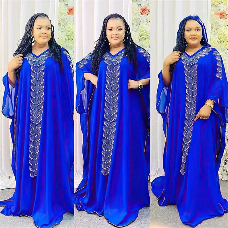 Maxy Luxury Women Chiffon Diamond African Dashiki Boubou Long Maxy Dress Turkey Dubai Arab Kaftan Eid Hooded Robe Morocco Gown