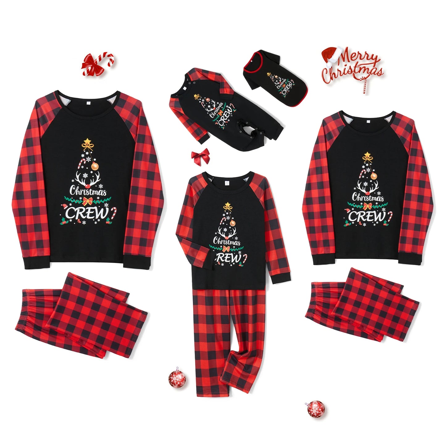 Christmas Family Pajamas Matching Set Letter Print Long Sleeve Tops and Plaid Pants Sleepwear