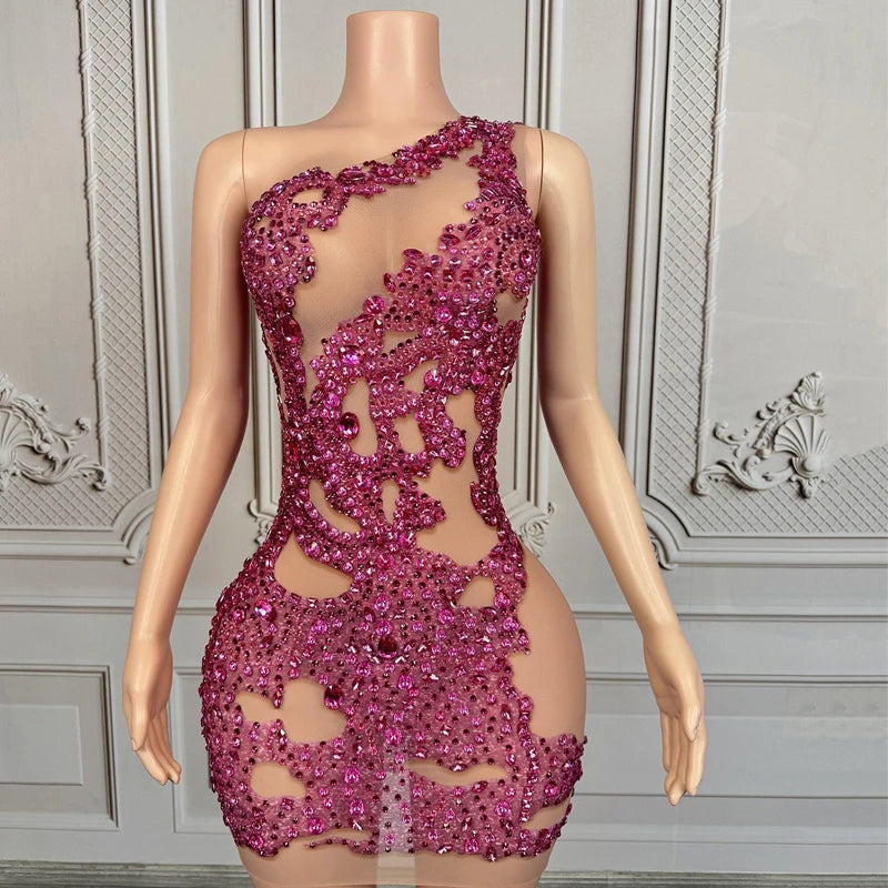 Maxy Pink Rhinestones Party Dress Women Celebrate Performance Outfit Nightclub Bar Festival Dresses Evening Gown Stage Wear