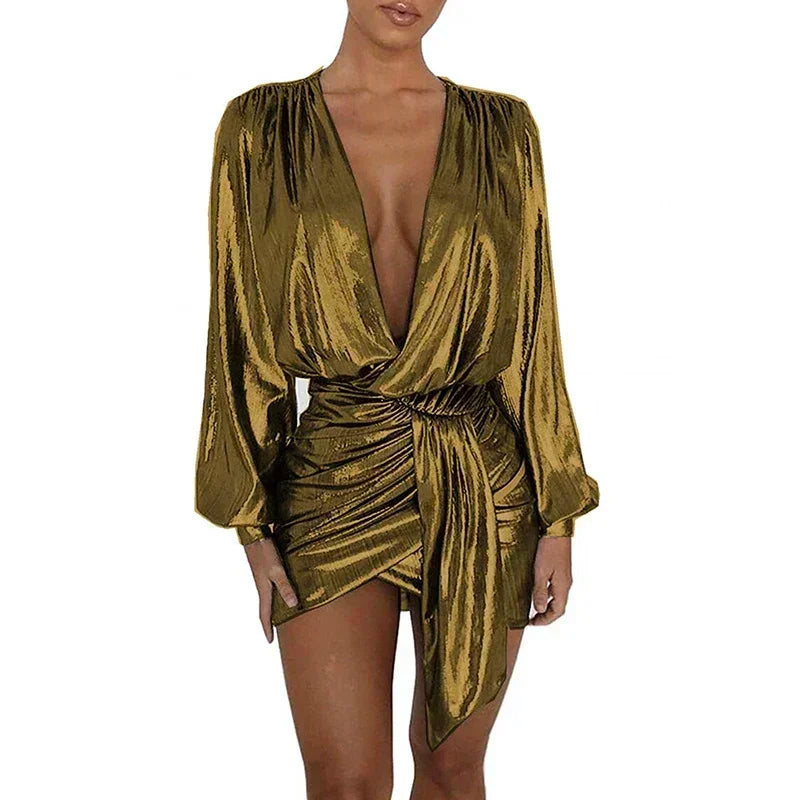 Maxy Plus Size Elegant Deep V-neck Long Sleeve Shiny Metallic Dress Women Evening Irregular Bodycon Mini Dress Vintage Ball Gowns