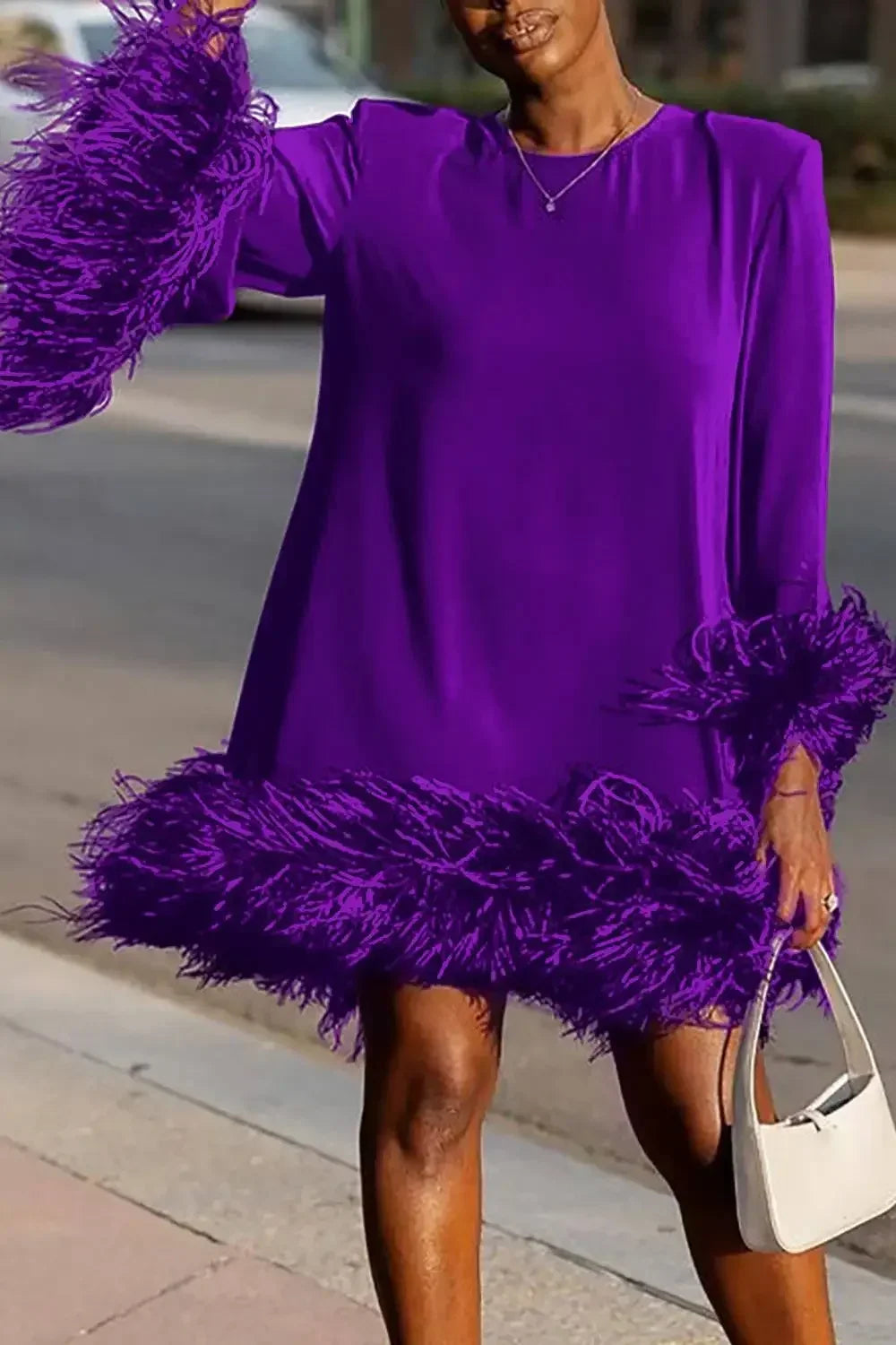 Amay Plus Size Flare Sleeve Femme Pullover Dress Sexy Patchwork Feather Women Evening Dress Fall Elegant O-neck A-Line Mini Dress